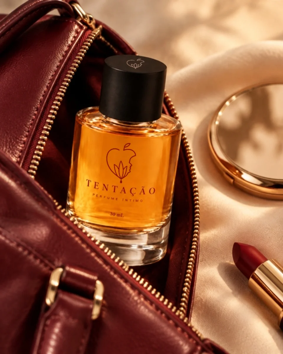 Tentação Perfume Íntimo dentro de uma bolsa bordô