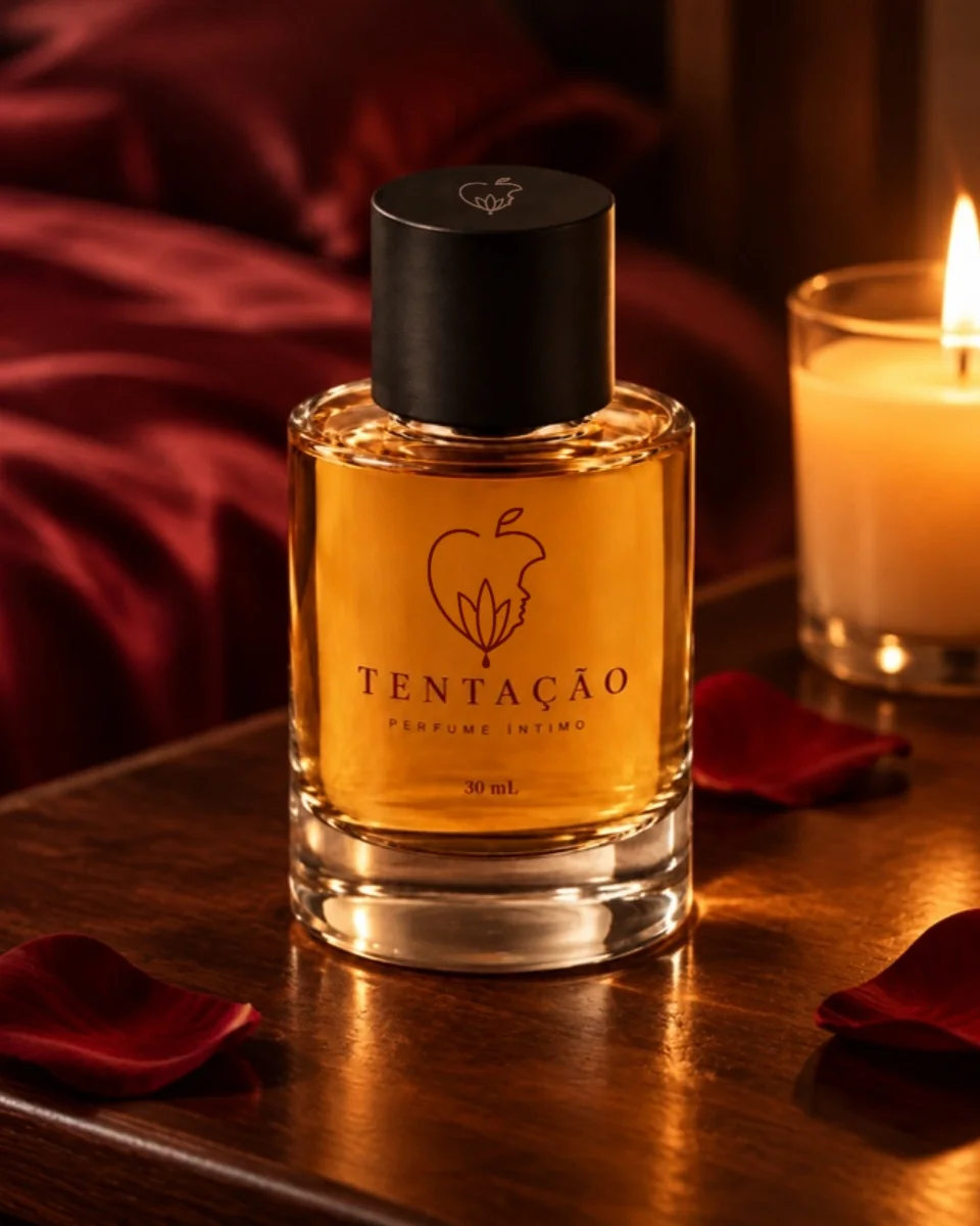 Tentação Perfume Íntimo no criado-mudo à luz de velas, com lençóis de cetim bordô